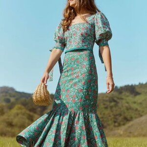 Patsy Fluted Pencil Skirt - Teal & Cerise Floral Print